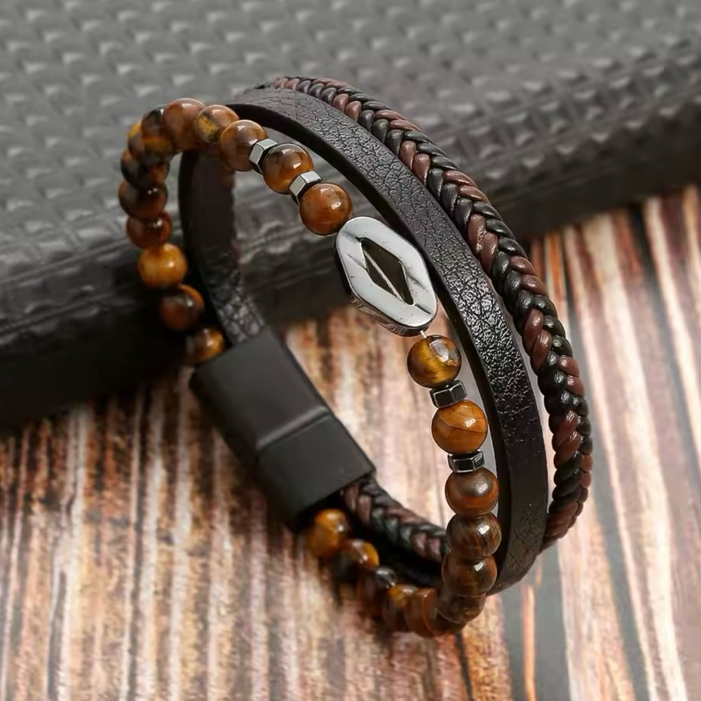 Men’s Leather Multilayer Beading Bracelets 8.2”